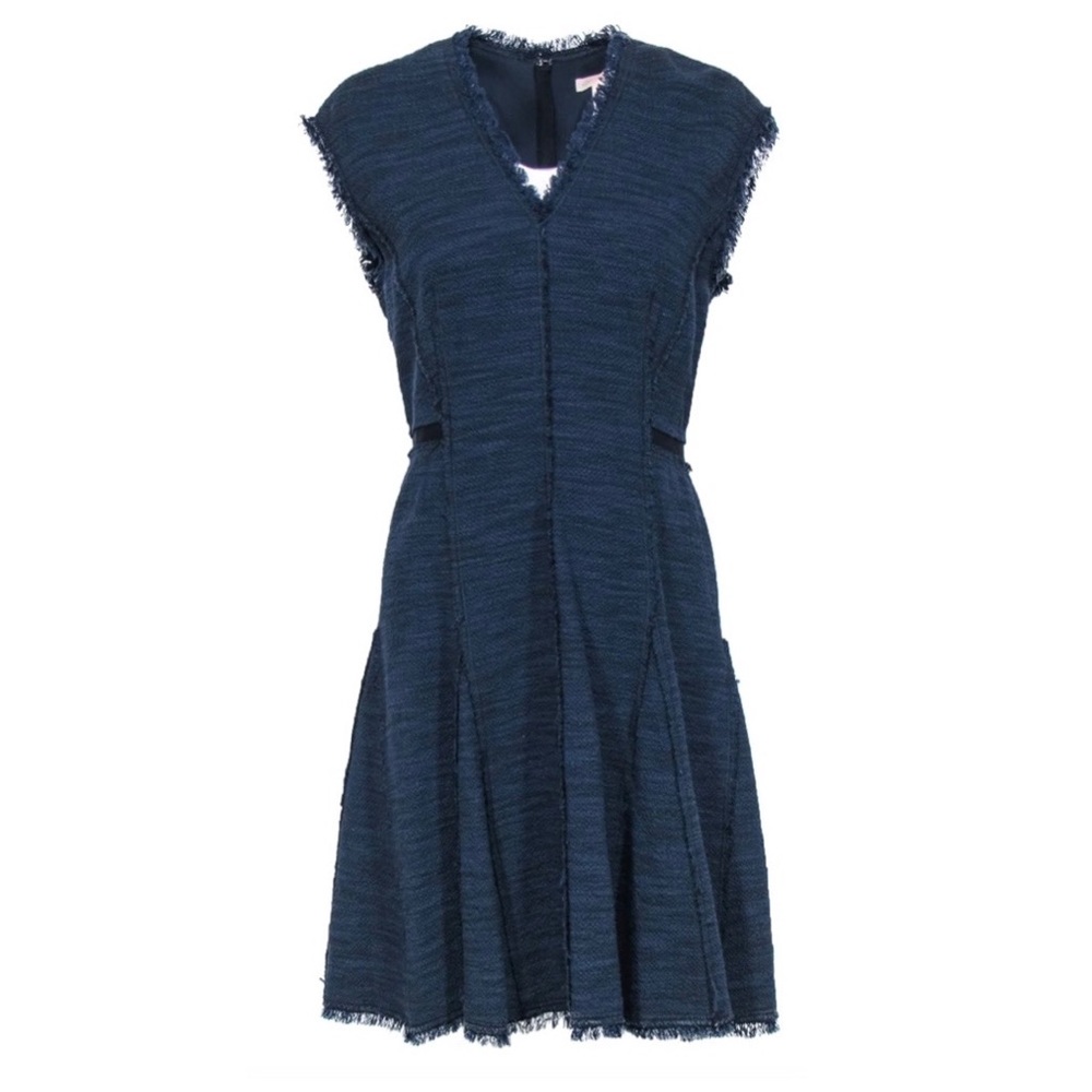 Rebecca Taylor - Navy Woven A-Line, Fit and Flare Dress W/ Frayed Edges